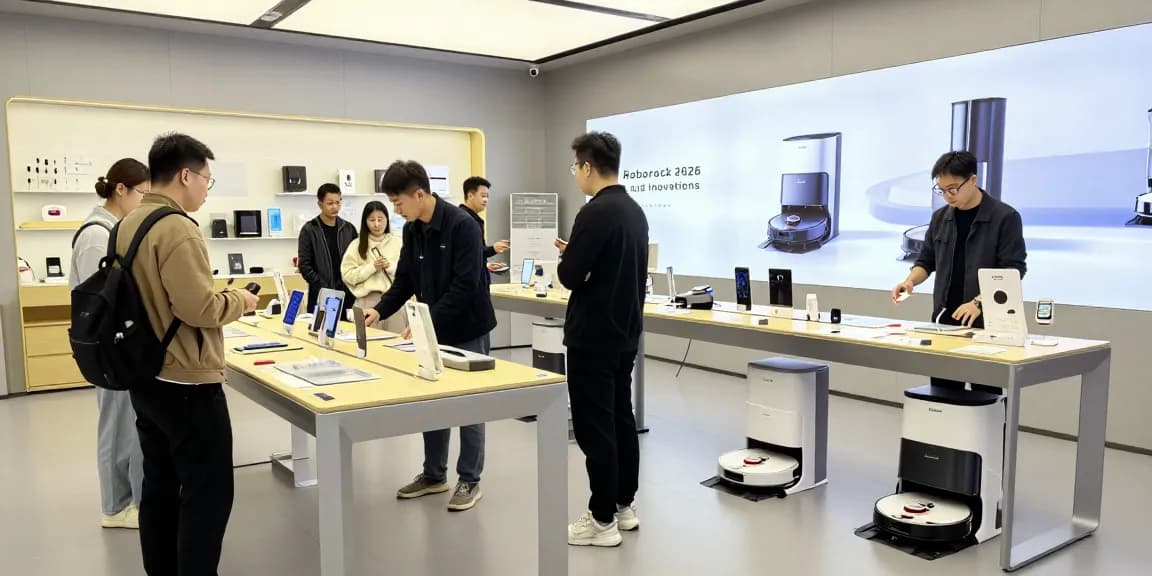 Engaged shoppers exploring Roborock 2026 robotic vacuums in a modern tech store, highlighting innovative features and design.