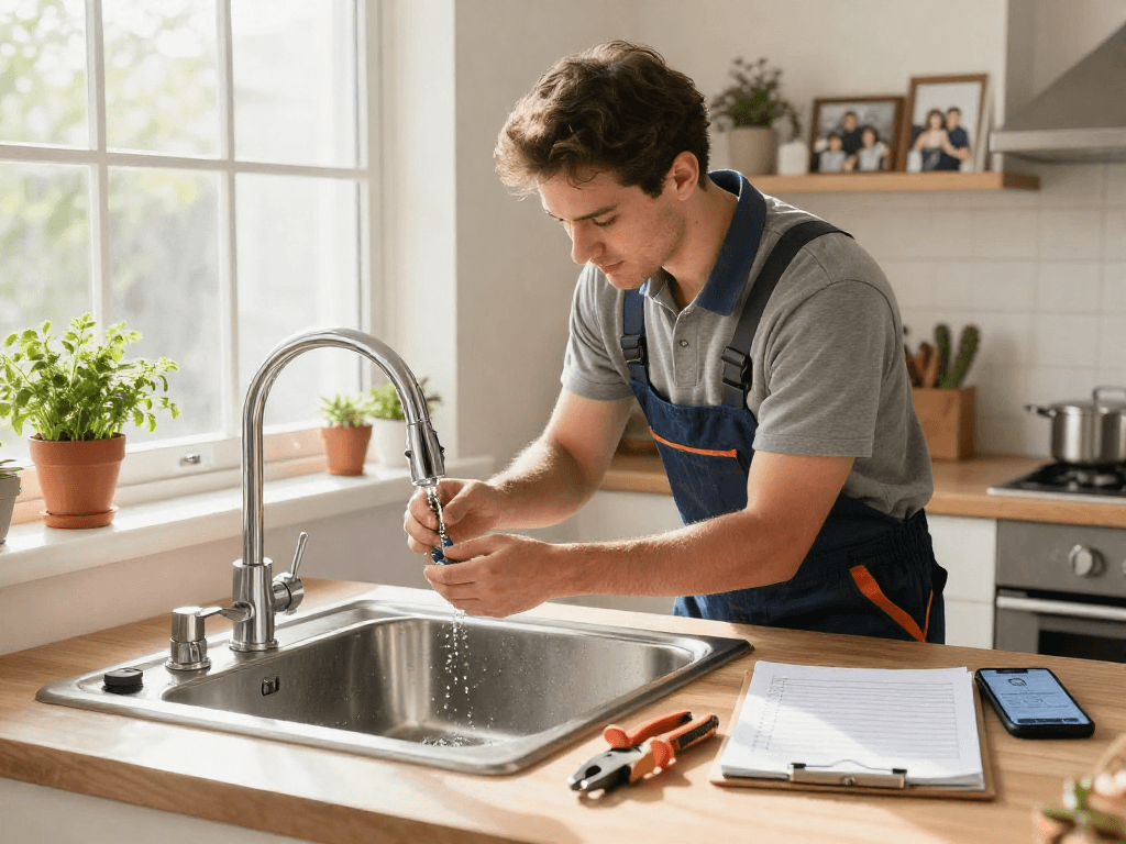 Blue Moon Plumbing and Rooter professional plumber repairing a faucet in a bright kitchen, showcasing expert service and home care.