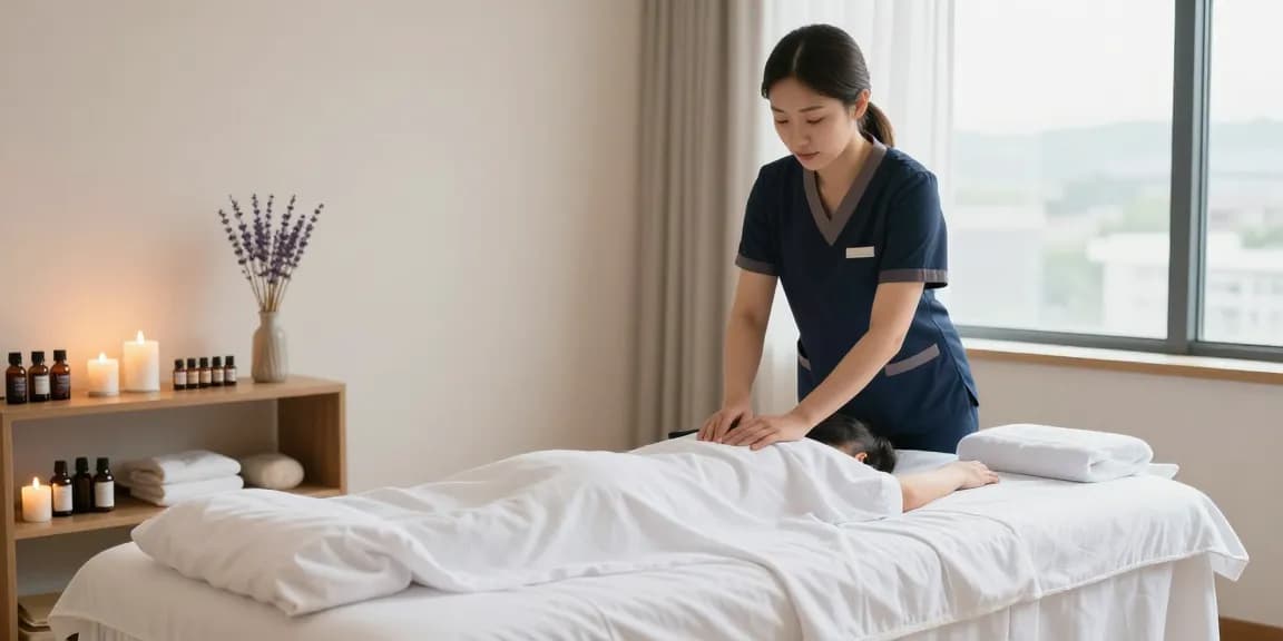 Serene massage therapy room showcasing 수원출장마사지 setup with calming atmosphere and essential oils.