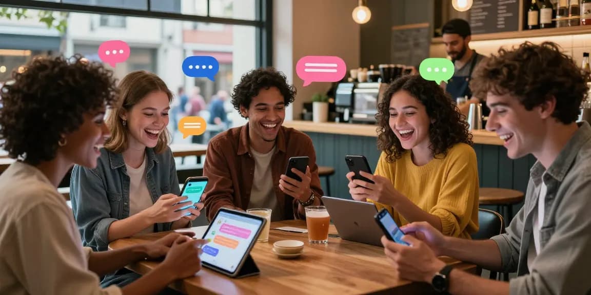 Group enjoying spicy chat AI at a lively café with vibrant decor and playful chat bubbles.