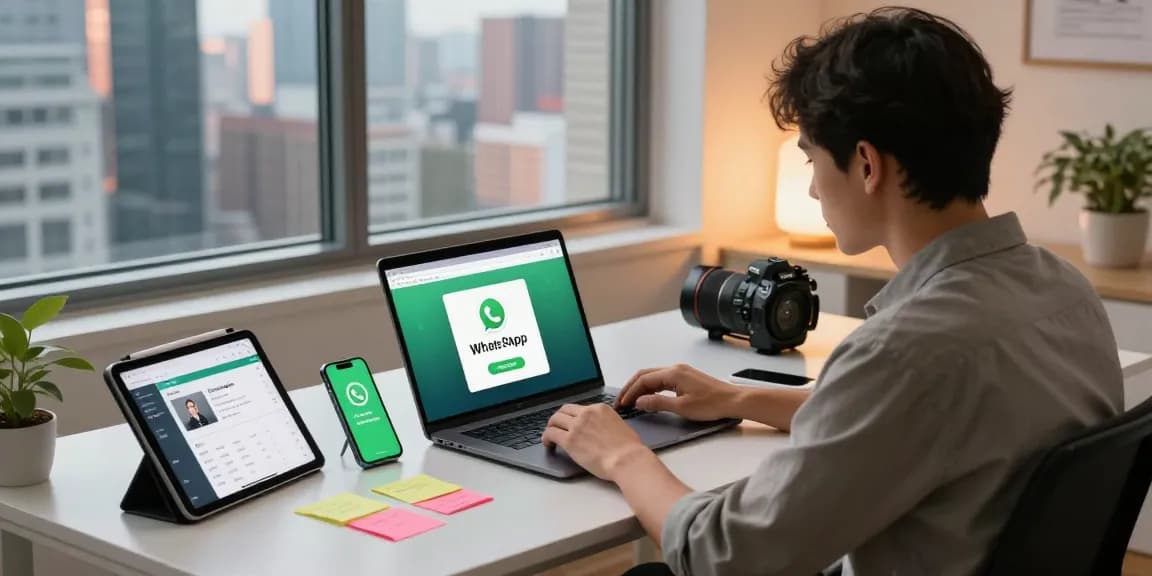 Downloading WhatsApp下載 on a laptop in a vibrant office.