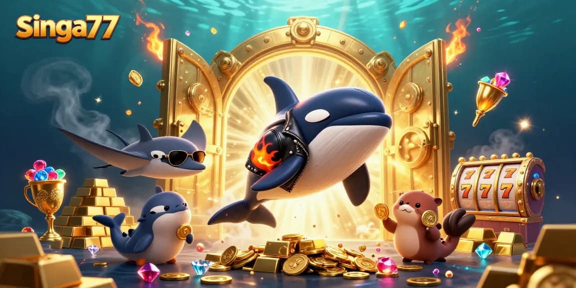 Singa77 reveals a vibrant underwater casino scene with animated characters celebrating riches.