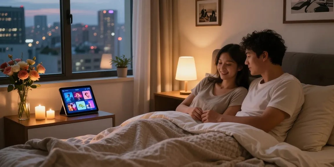 Couple exploring intimacy-enhancing AI features in a cozy bedroom setting with smart device interaction.