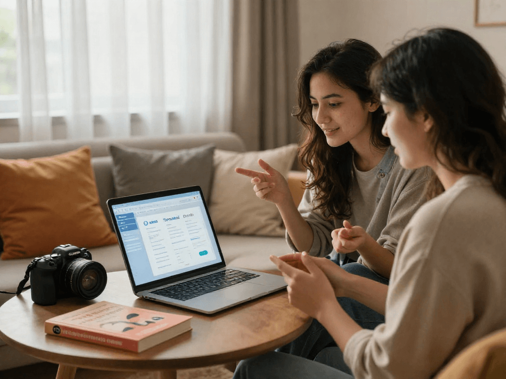 Couple engaging with sex ai platform on laptop in cozy setting.