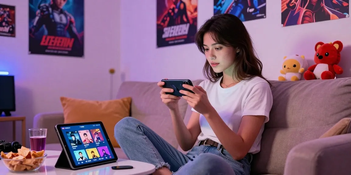 Engaged woman playing a mobile porn game on a smartphone in a cozy gaming setup.