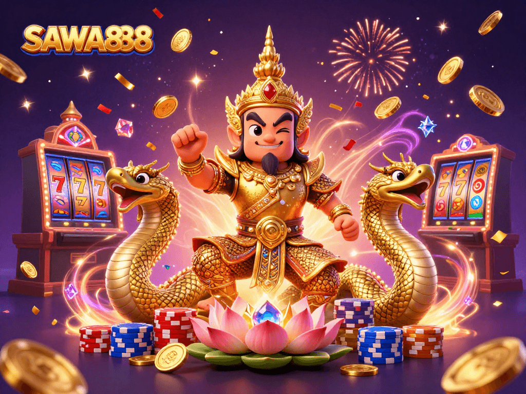 Experience thrilling gameplay with SAWA888's vibrant gaming atmosphere featuring a friendly yaksha and Naga companions.