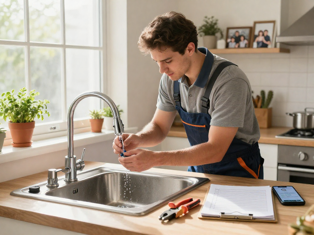 Blue Moon Plumbing and Rooter professional plumber repairing a faucet in a bright kitchen, showcasing expert service and home care.