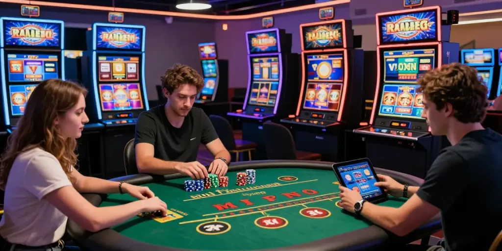 Players enjoying casinos that accept credit card, engaging in blackjack and slots in a modern casino setting.