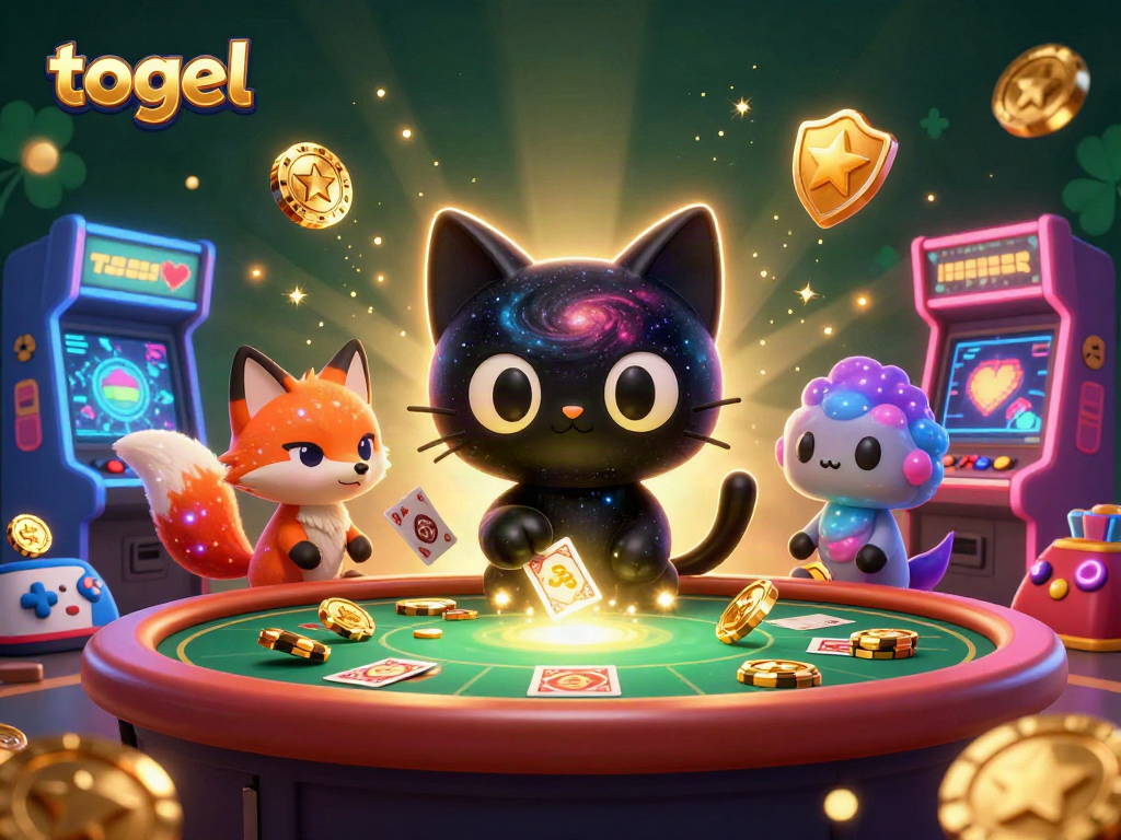 Engage in thrilling togel gaming with the cosmic cat and nebula fox at this vibrant casino scene.