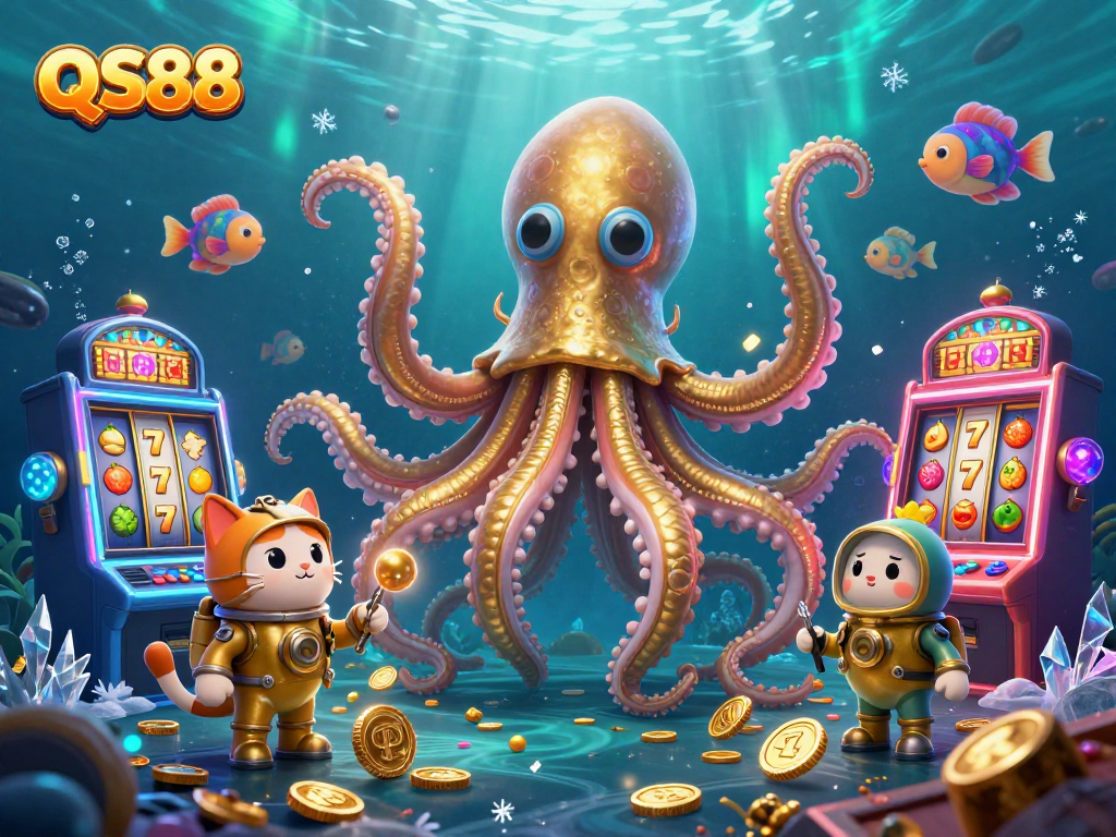 Join the excitement of QS88 with a cartoon kraken, diving cat, and vibrant slot machines!
