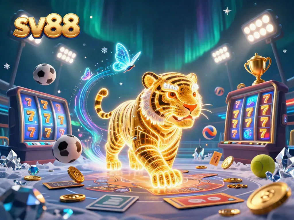 Experience the excitement of sv88 in a vibrant casino scene with a neon golden tiger and dynamic game elements.