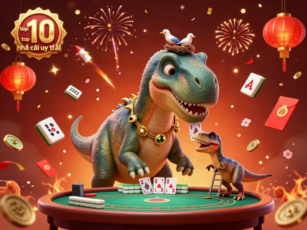 Experience an engaging casino scene with the top 10 nhà cái uy tín represented by a playful brontosaurus and raptor dealing cards.