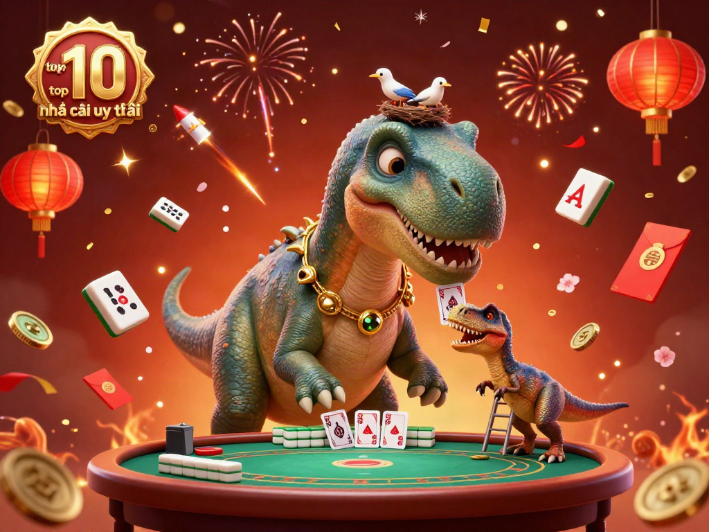 Experience an engaging casino scene with the top 10 nhà cái uy tín represented by a playful brontosaurus and raptor dealing cards.