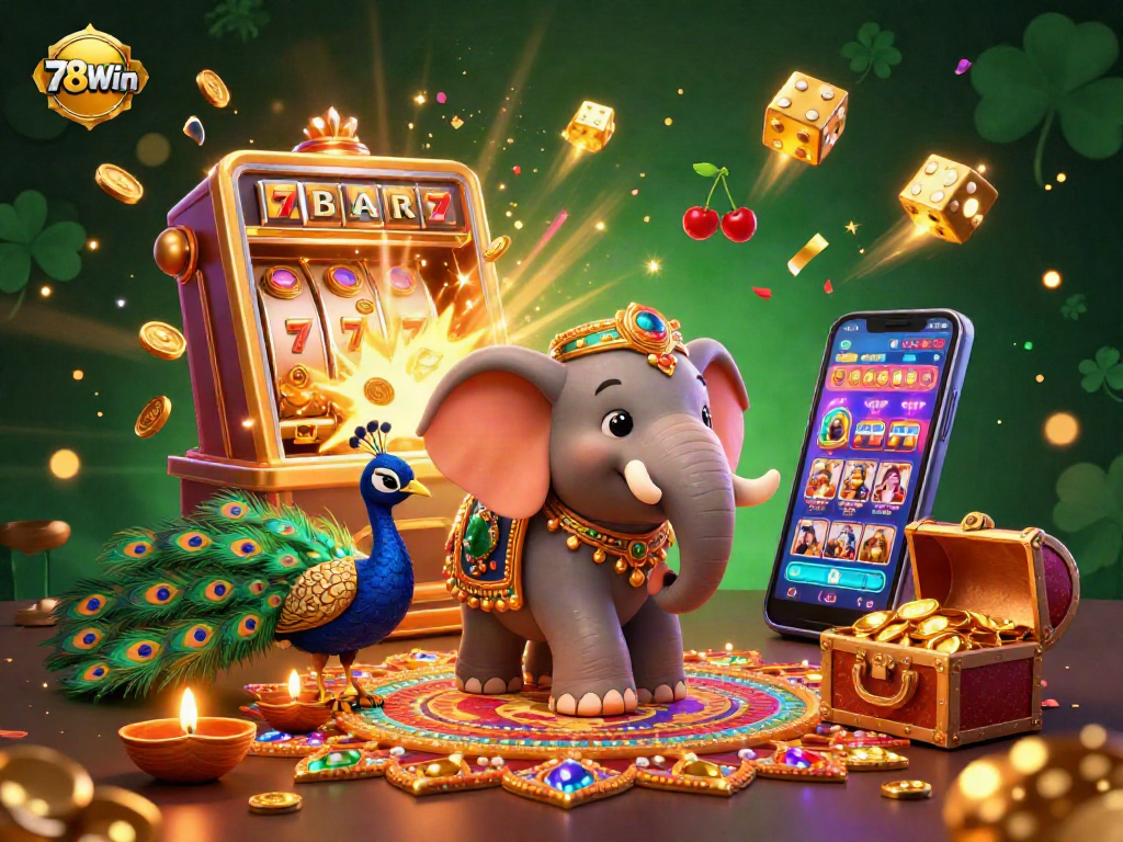 Play thrilling casino games at 78Win with a vibrant 3D illustration of exciting jackpots.