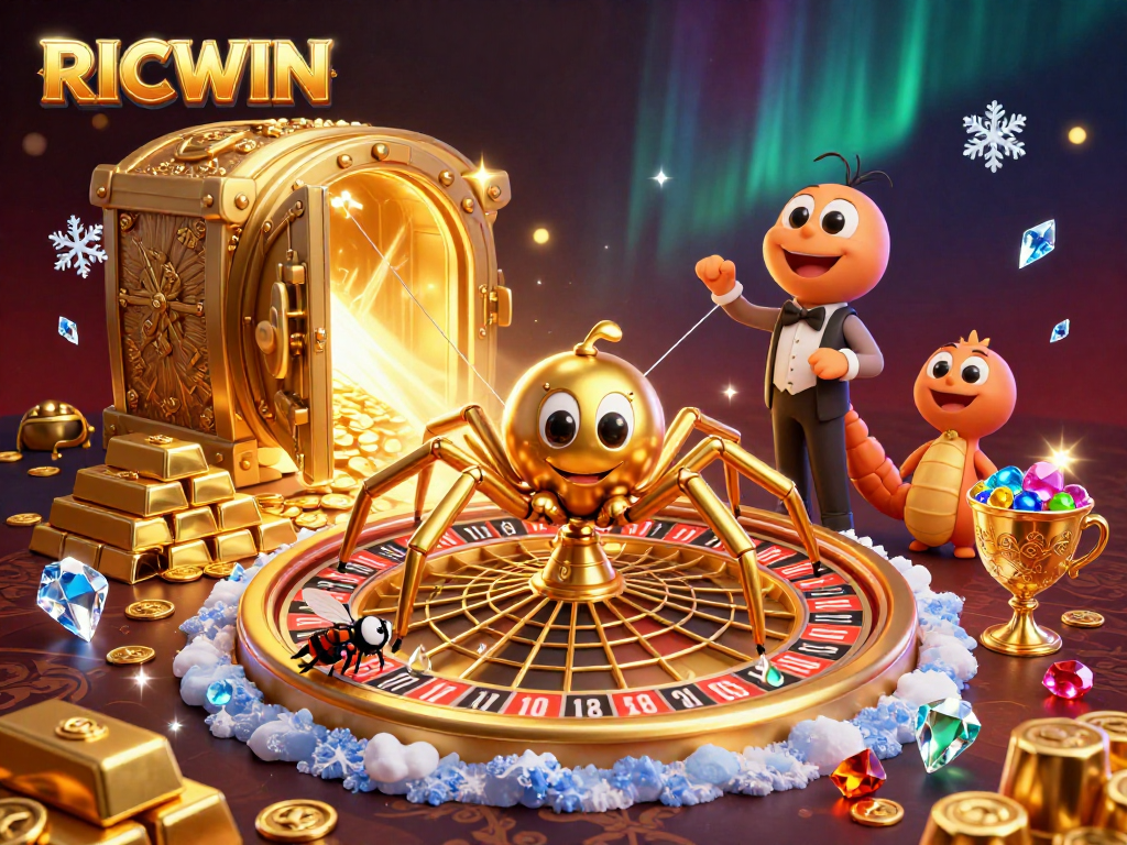 Engaging RICWIN game scene with a golden spider, gambling elements, and vibrant treasures.