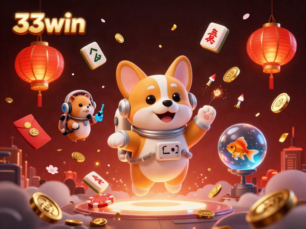 Experience 33win excitement with a playful scene featuring a corgi in a space casino.