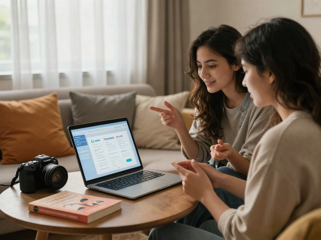 Couple engaging with sex ai platform on laptop in cozy setting.