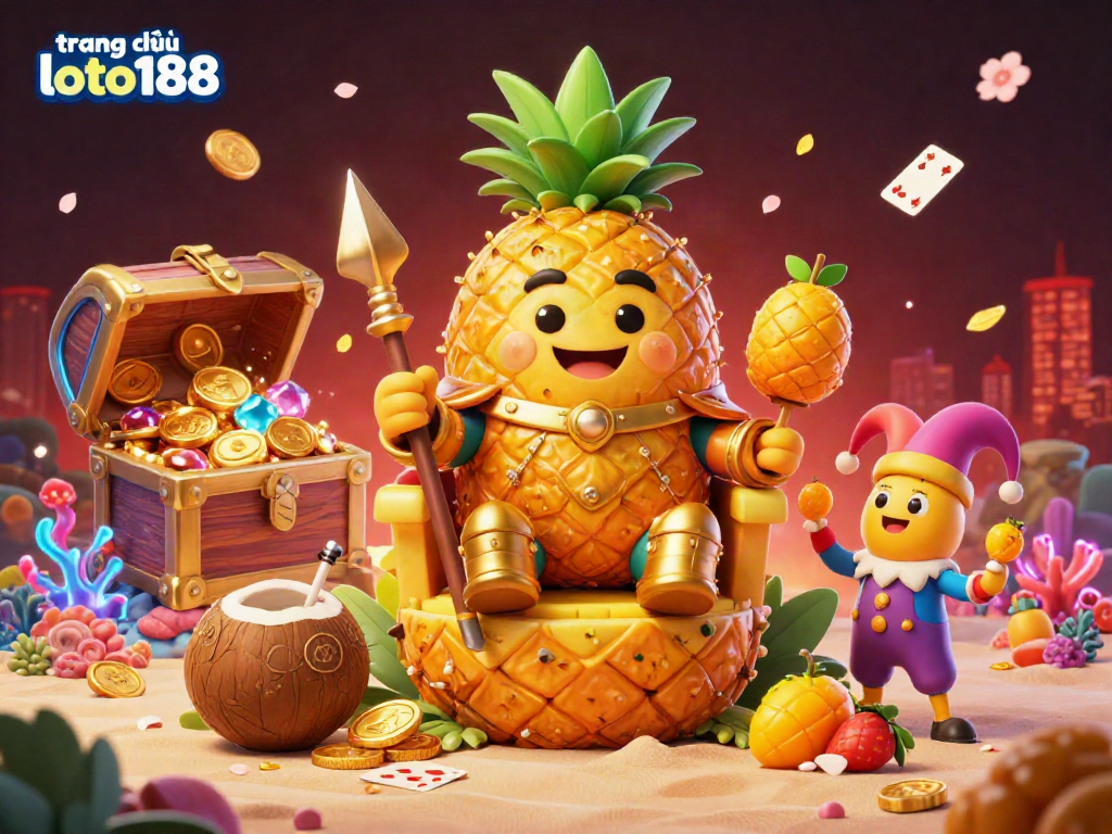 Experience the vibrant atmosphere of trang chủ loto188 with a cartoon golden pineapple king and lively casino elements.