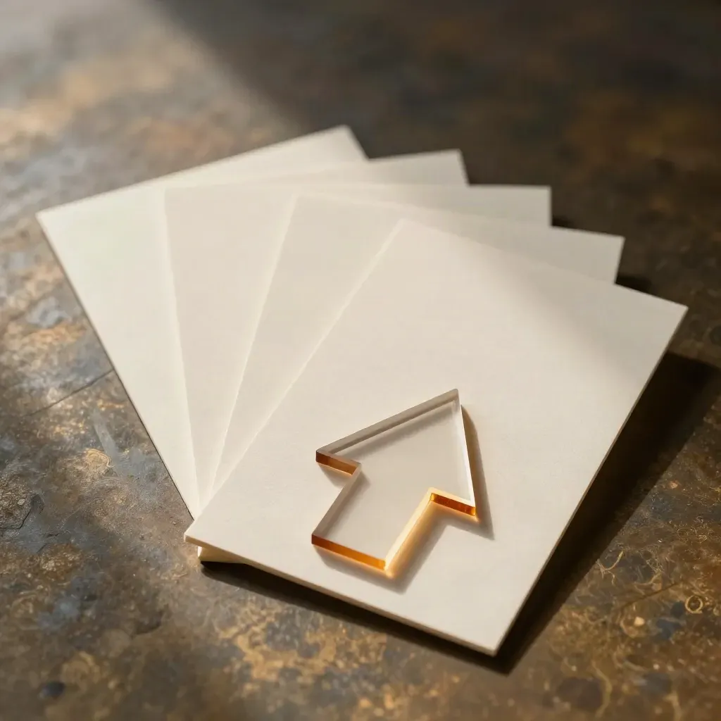 Frosted acrylic storyboard pieces with amber highlights on a bronze surface