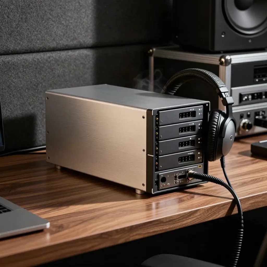 RAID tower, SSD stack, headphones and cable coil in a dark edit bay as export lights blink.