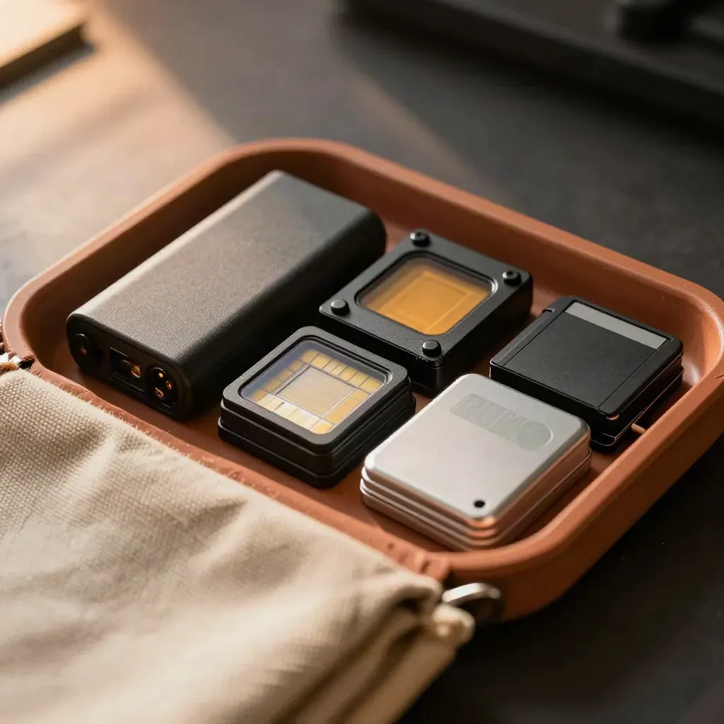 Macro of a packed social video kit with batteries, LED panels, cage plate and pouch
