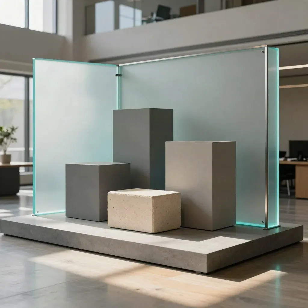 Frosted acrylic demo set with modular blocks and pedestal in a hazy atrium