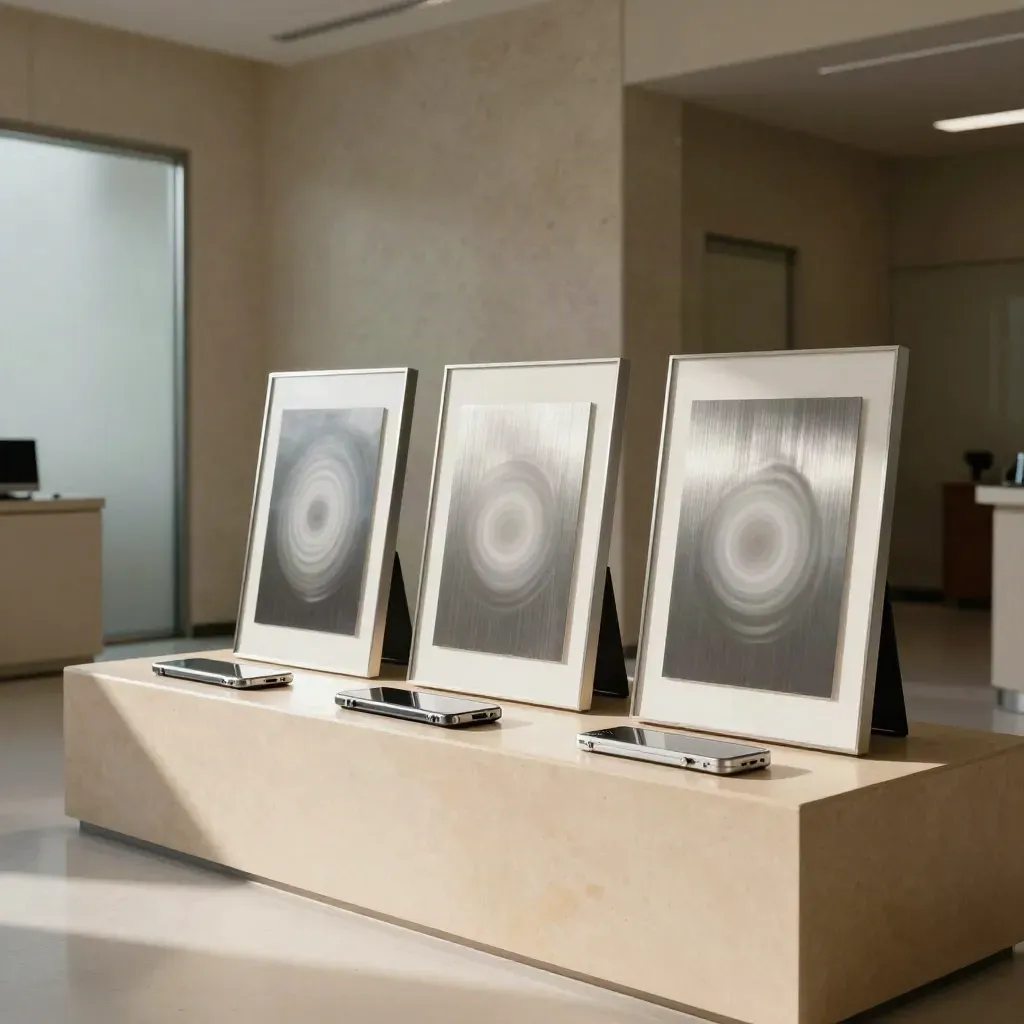 Three vertical video cutdown display frames in a calm clinic room on brushed steel