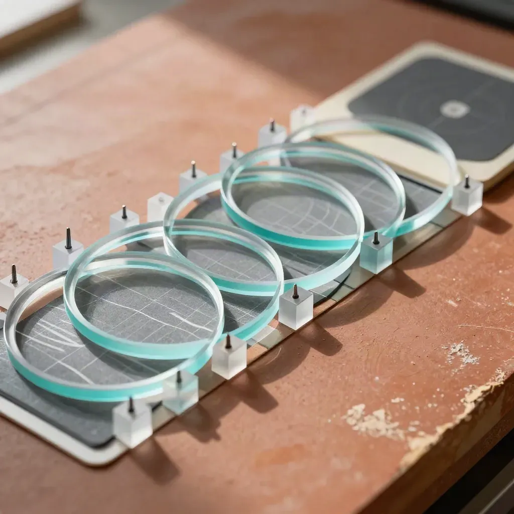 Translucent motion design tools layered on terracotta clay with cyan highlights