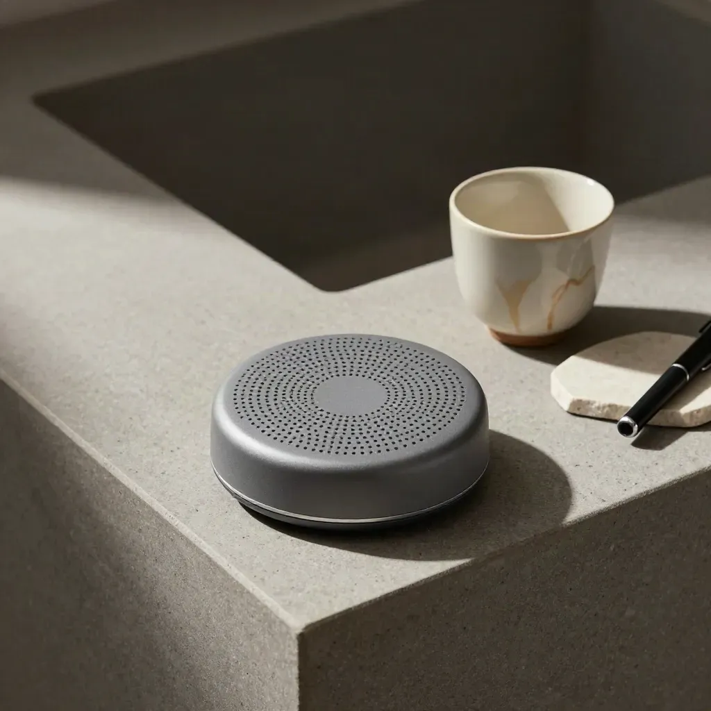 Top-down still life of a speakerphone puck, ceramic cup, coaster and pen cap on stone ledge.