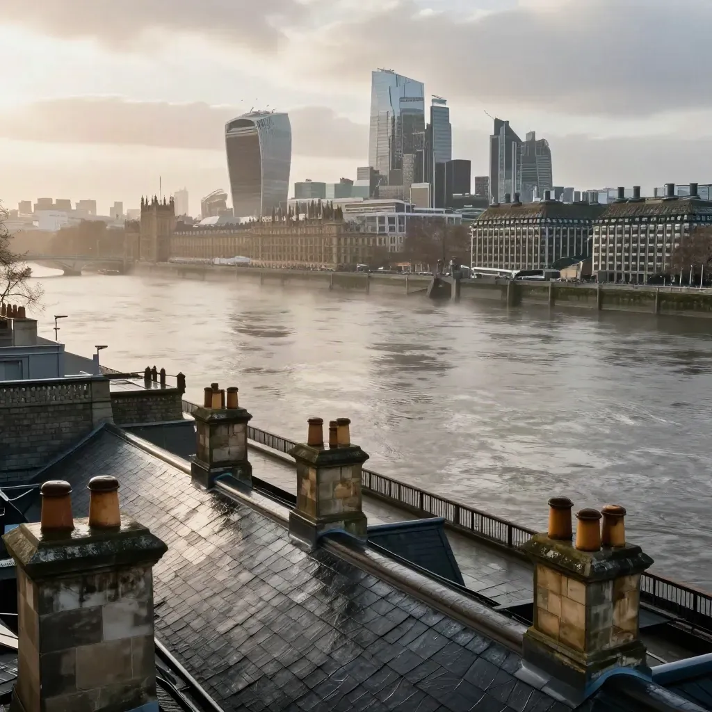 High London riverside skyline over the Thames with misty water and slate rooftops