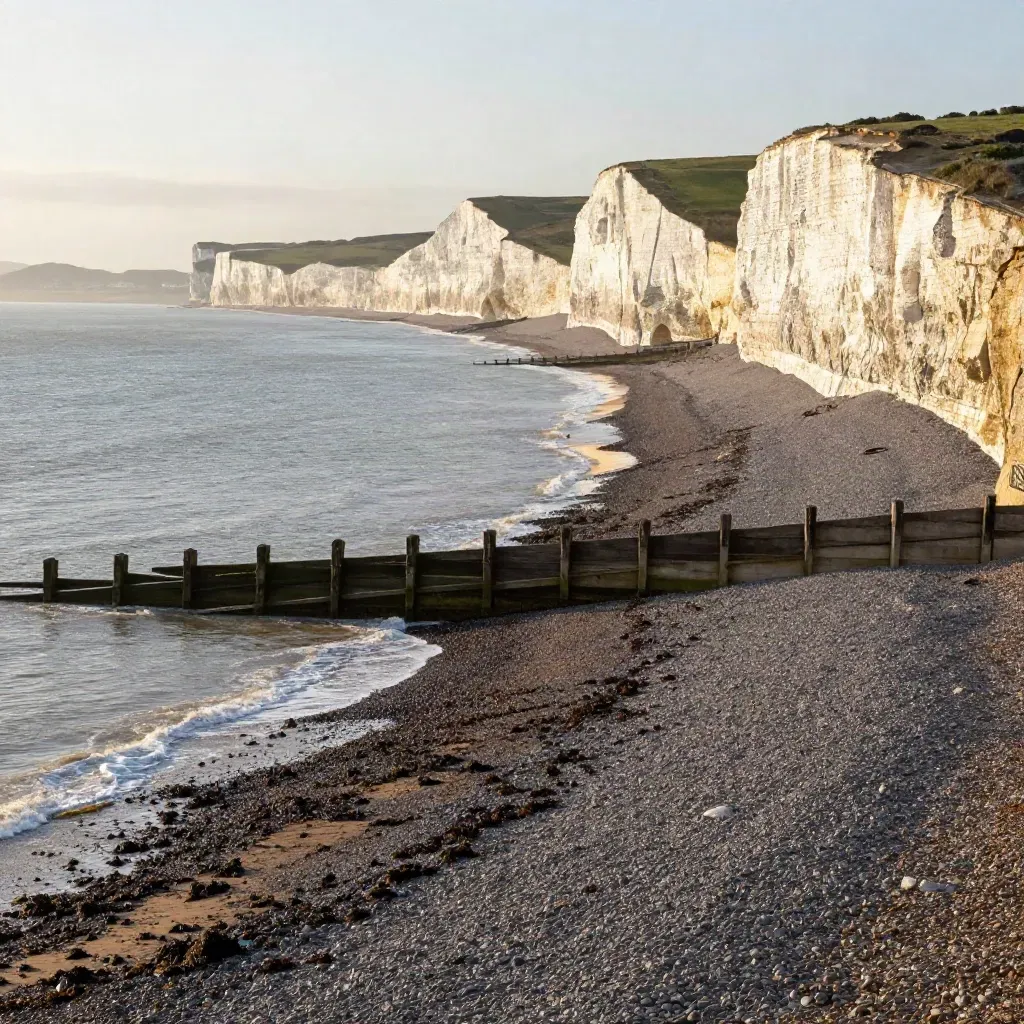 Brighton cliffs above calm shingle and sea mist at golden hour
