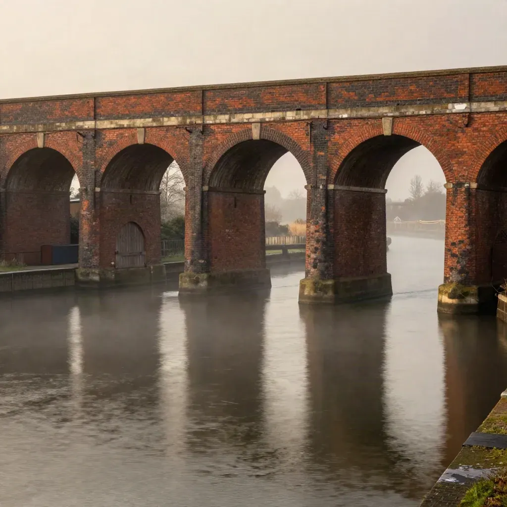 Misty red-brick canal viaduct above calm water in the Midlands