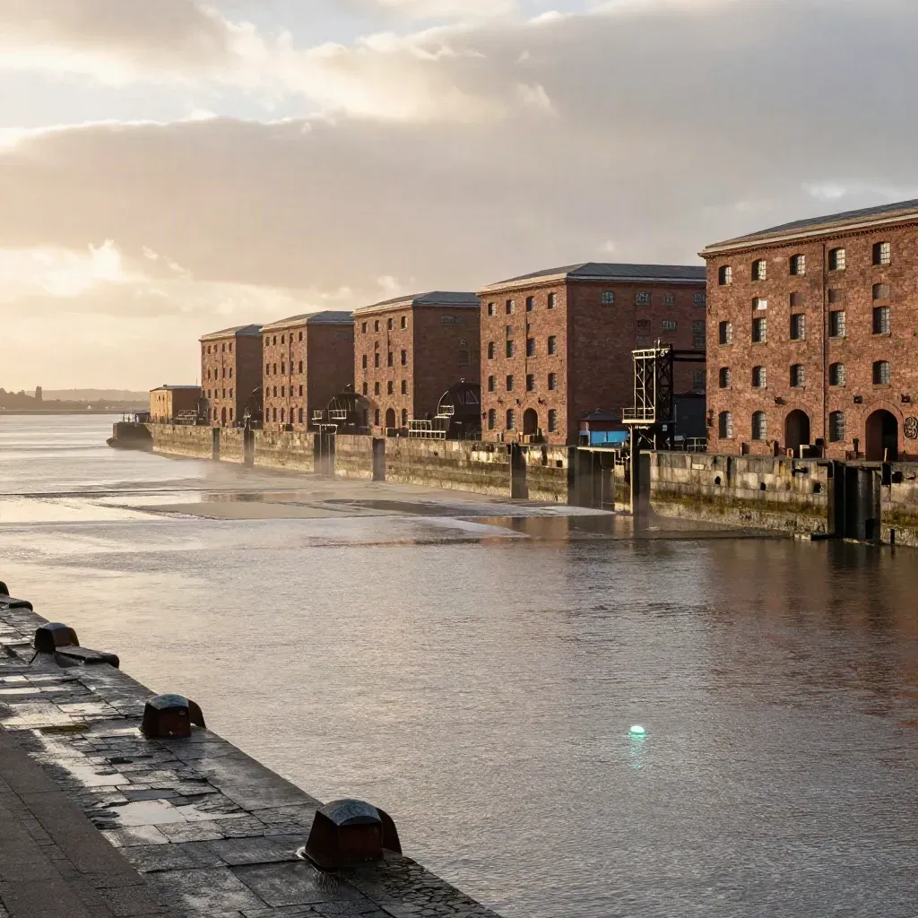 Liverpool docklines and sandstone warehouses above a calm estuary at golden hour