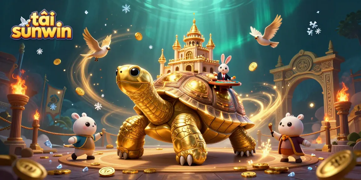 Experience thrilling gameplay with tải sunwin in this vibrant 3D casino scene featuring a golden tortoise and a rabbit dealer.