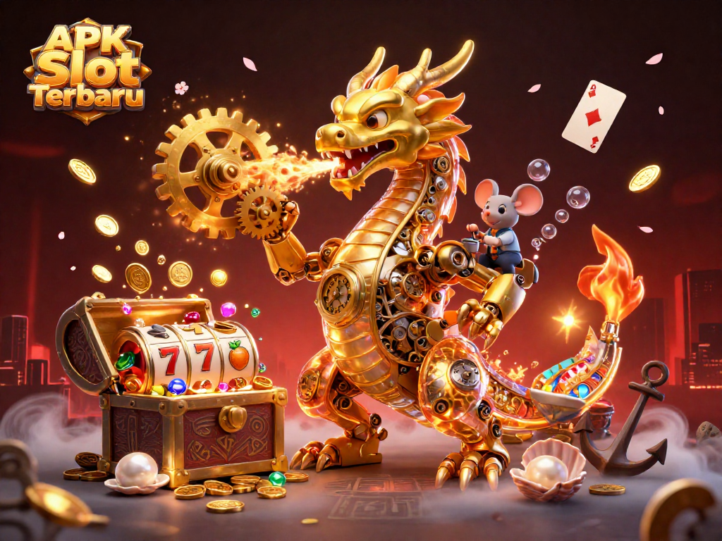 Engage with the exciting APK Slot Terbaru scene featuring a golden dragon and dynamic casino elements.