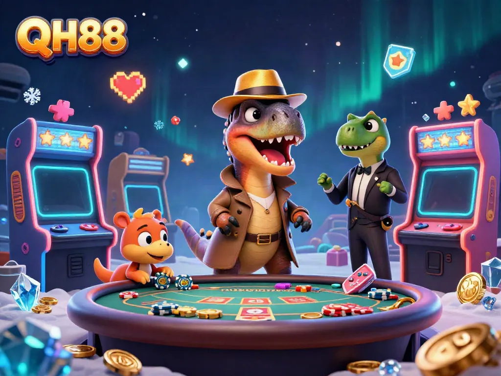 QH88 cartoon scene with a velociraptor card counter, stegosaurus pit boss, and compy pickpocket at a lively casino table.