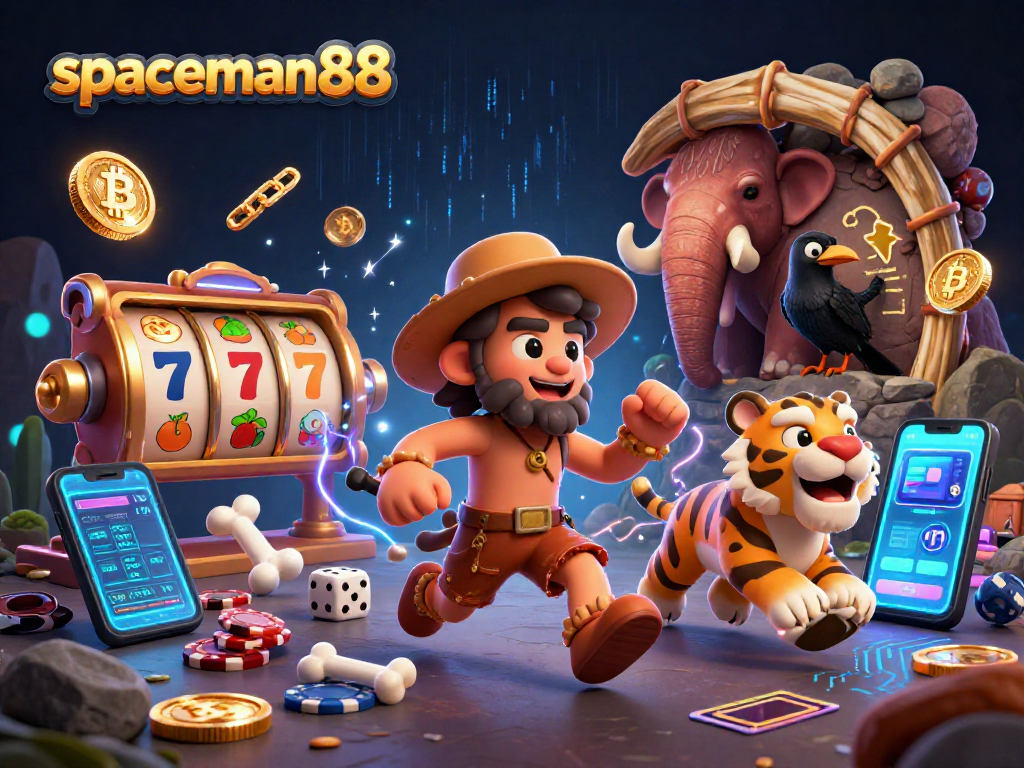 Spin and win with spaceman88 in a vibrant, prehistoric casino filled with excitement and energy.