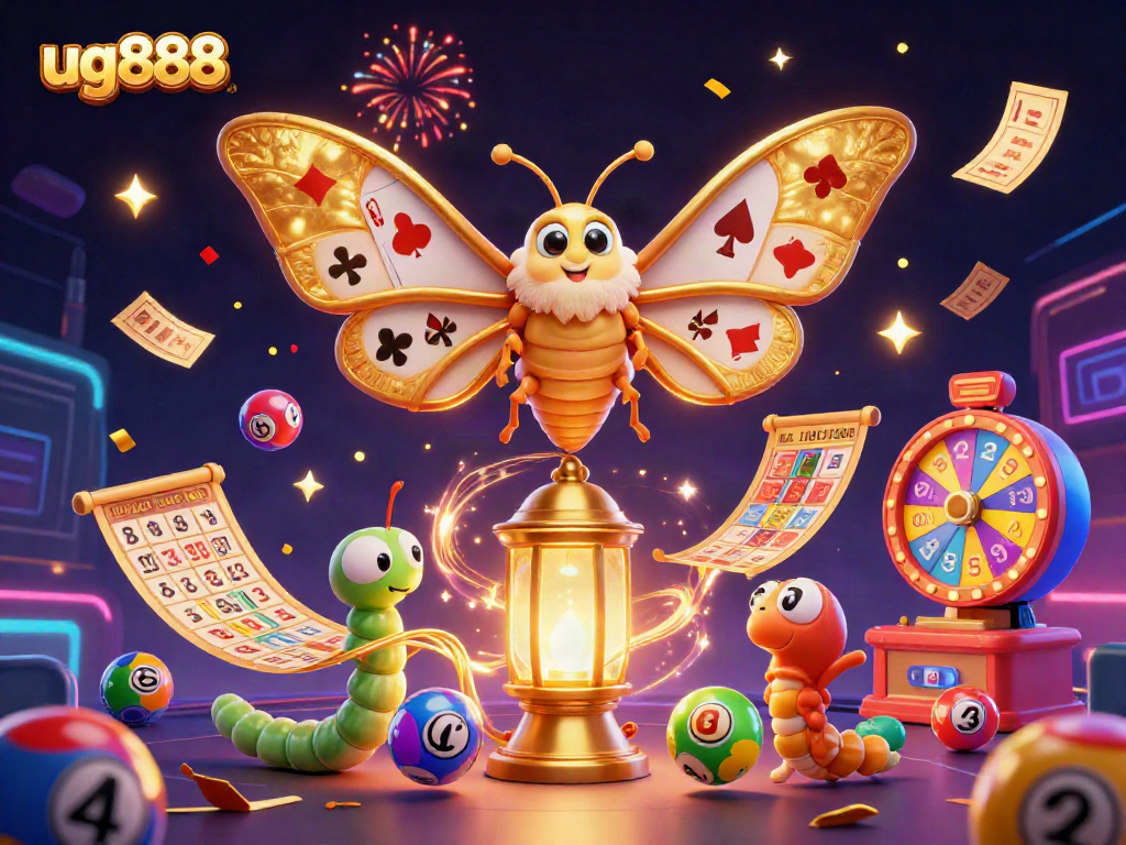 Engage in exciting lottery games with ug888 amidst vibrant 3D casino-themed elements.