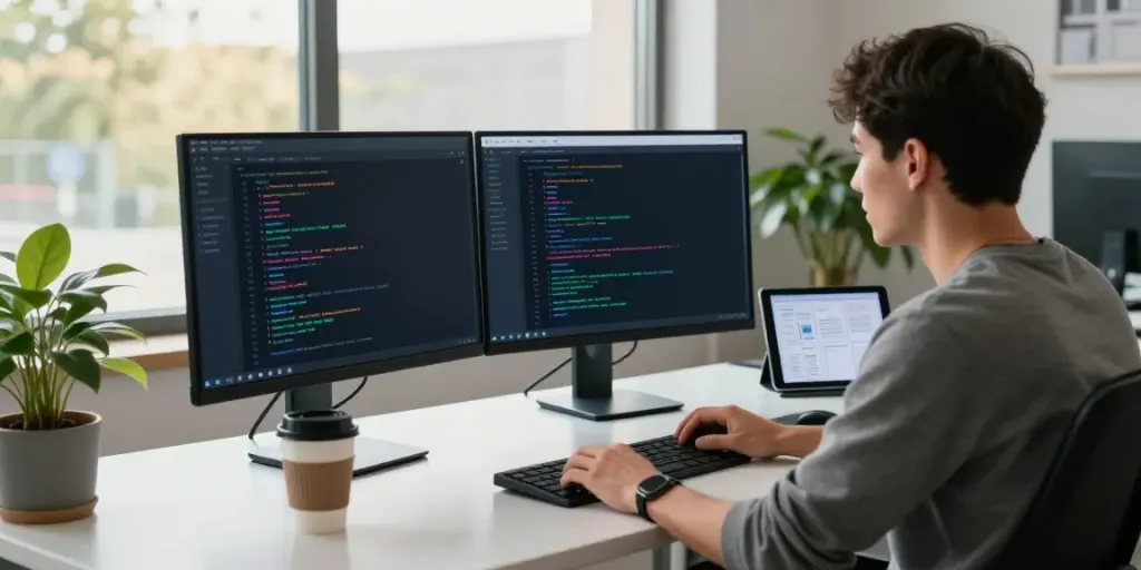 Instant indexing showcased in a modern tech workspace with developer at dual monitors.
