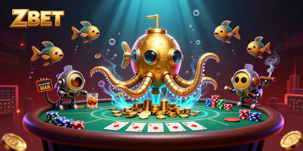 ZBET showcases an exciting underwater casino scene with a golden kraken and poker elements.