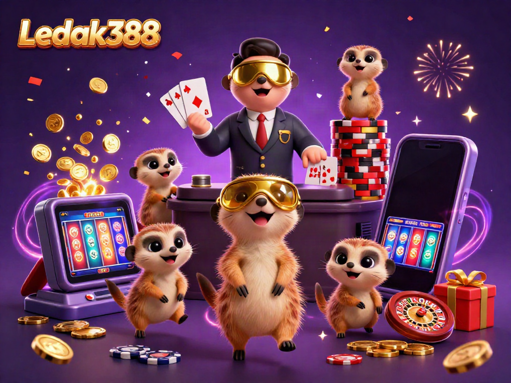 Experience the thrilling dynamic of Ledak388’s casino run by charming meerkats, showcasing vibrant game elements.