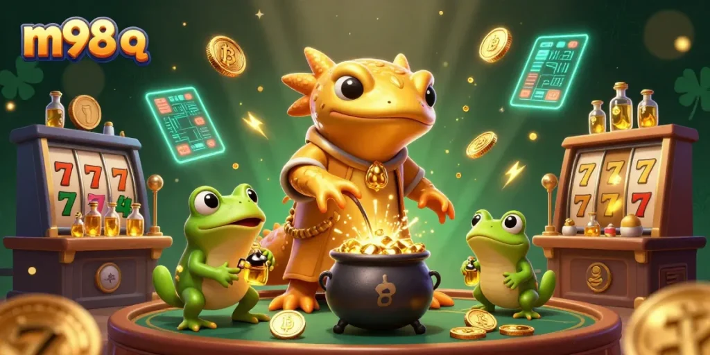 Engage with m98 q at a vibrant casino scene featuring a golden salamander alchemist turning metals into gold coins.