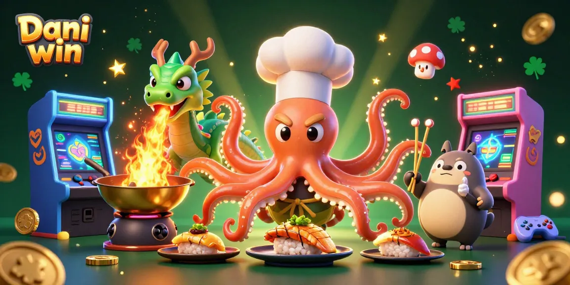 Dhani win game scene featuring a vibrant octopus chef, a fiery dragon, and a tanuki customer surrounded by colorful game elements.