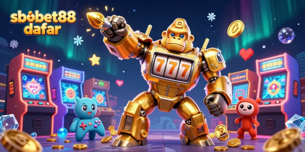 Engage in sbobet88 daftar with this 3D golden gorilla mech slot machine illustration, showcasing exciting casino elements.