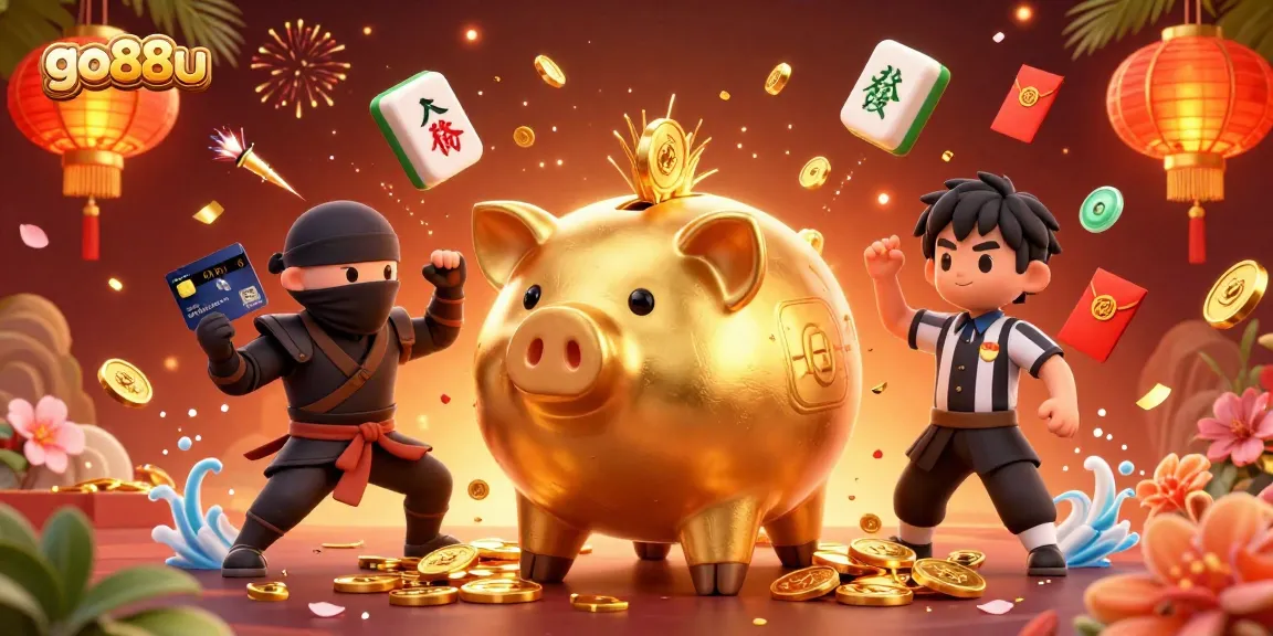 Experience the vibrant energy of go88u with cartoon characters in a dynamic casino scene filled with gold coins.
