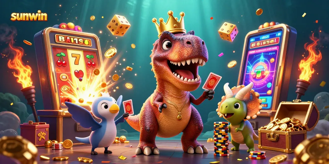 Win with sunwin as a T-Rex shuffles cards, surrounded by bursting jackpots and casino excitement.