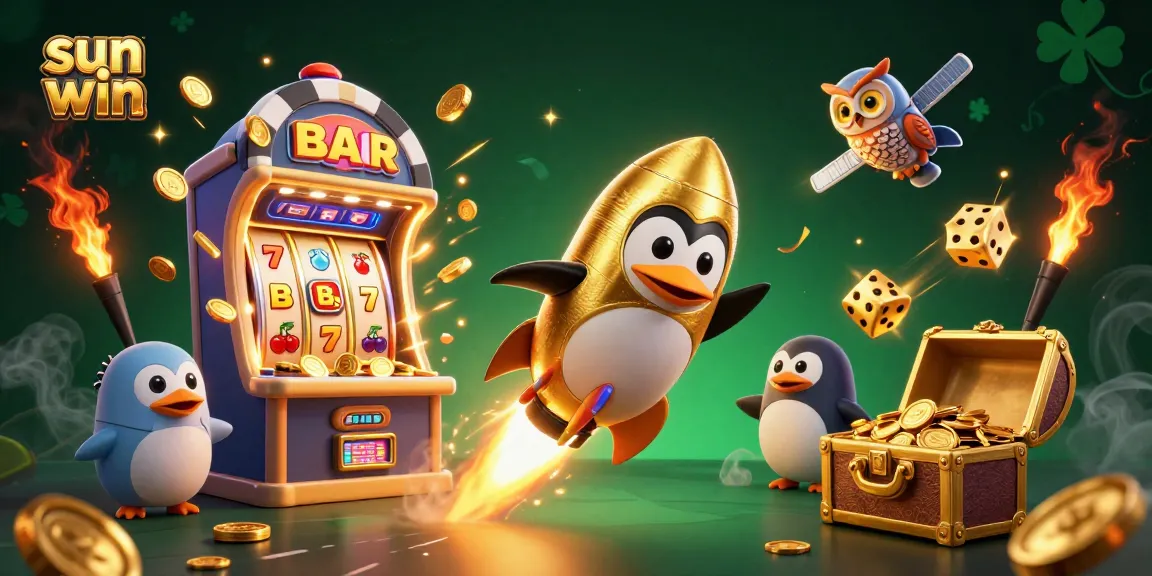 Engage with the exciting sun win slot scene featuring a golden rocket penguin and jackpot explosions.