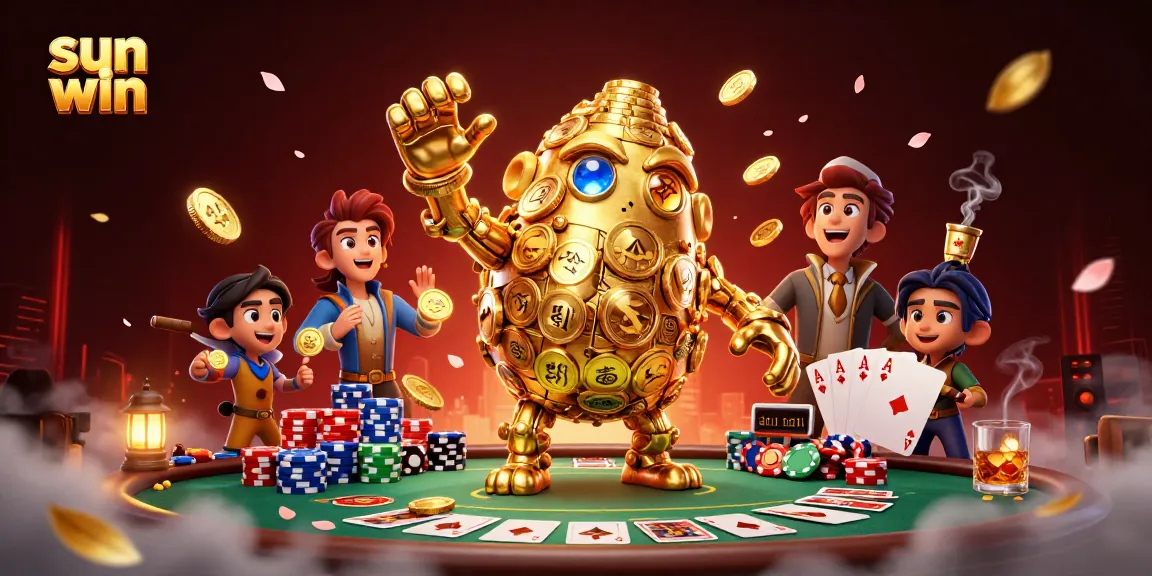 Engage in thrilling gameplay at sun win featuring a dynamic golden golem and poker elements.